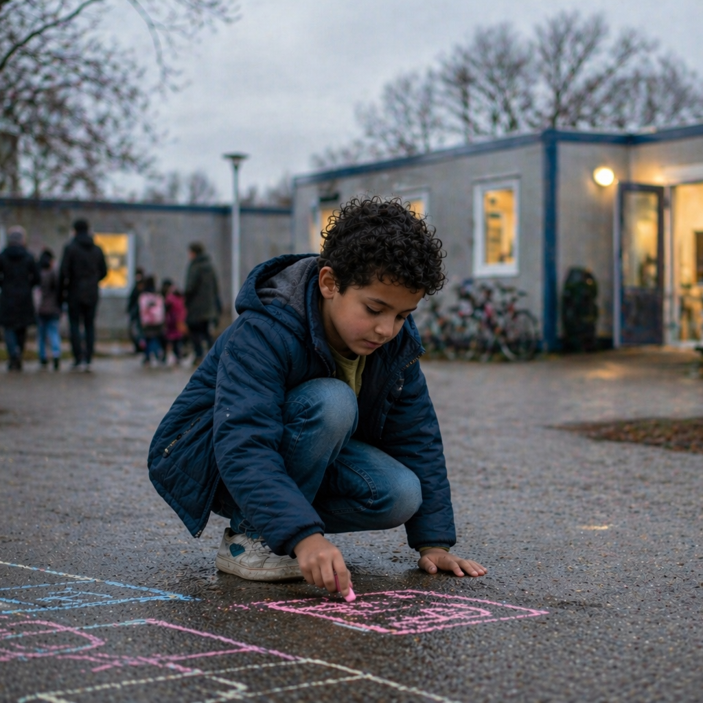 Kind aan het stoepkrijten